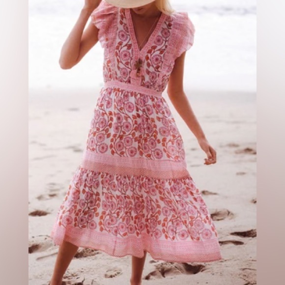 BELL by Alicia Bell Flutter Sleeve Midi Dress in Pink Orange Block, Small - Picture 8 of 8